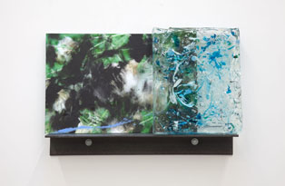 AROUND AND BACK, 2014, Acrylic dispersion on archival inkjet print on plate glass, with cast glass panel and steel bracket, 25.25 x 16.75 x 4 inches